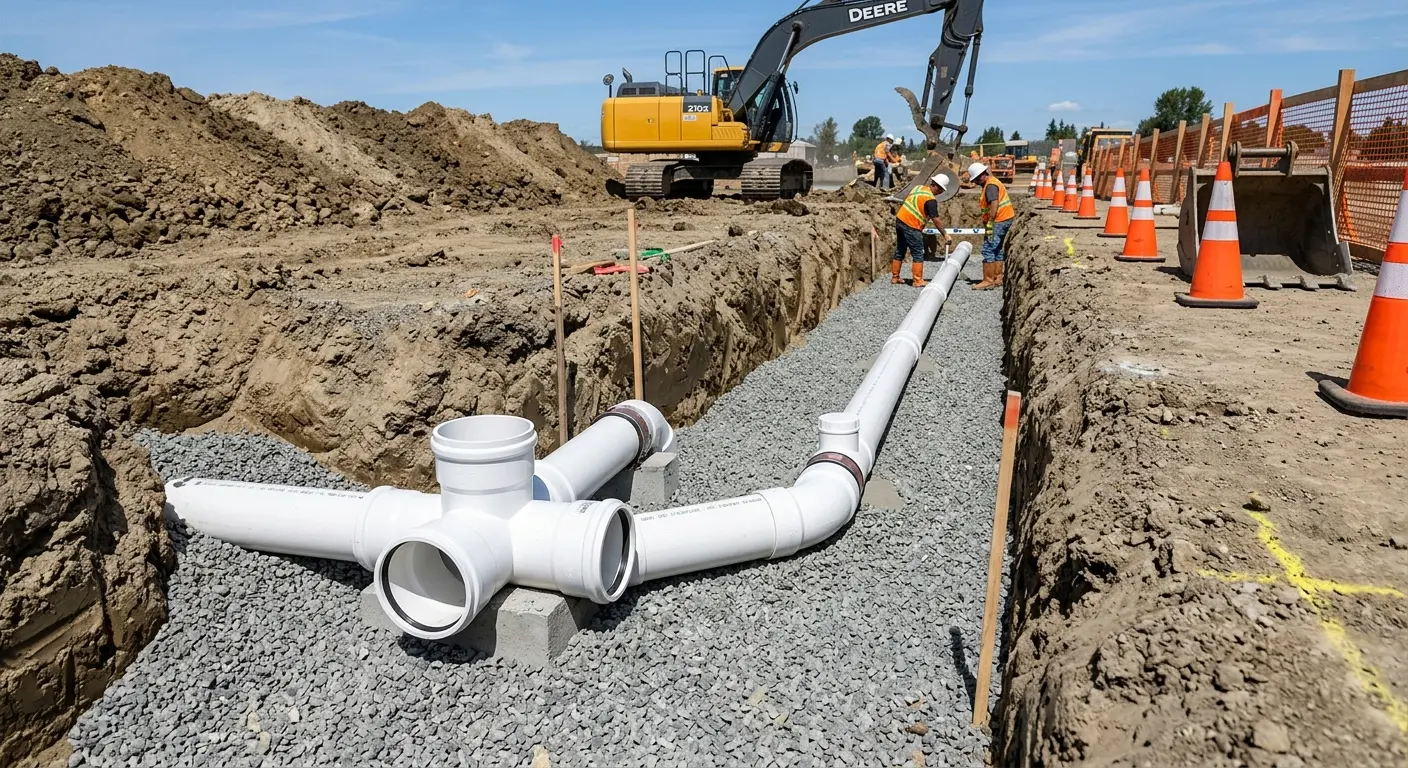 New PVC sewer pipe installation in open trench for Sewer Backup in Marion
